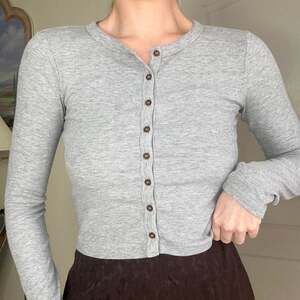 BDG Grey Ribbed Button-Up Long Sleeve Fitted Top - Size M